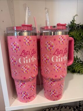 Katydid Pink "Let's Go Girls" Disco Ball Travel Mug Tumbler with Handle